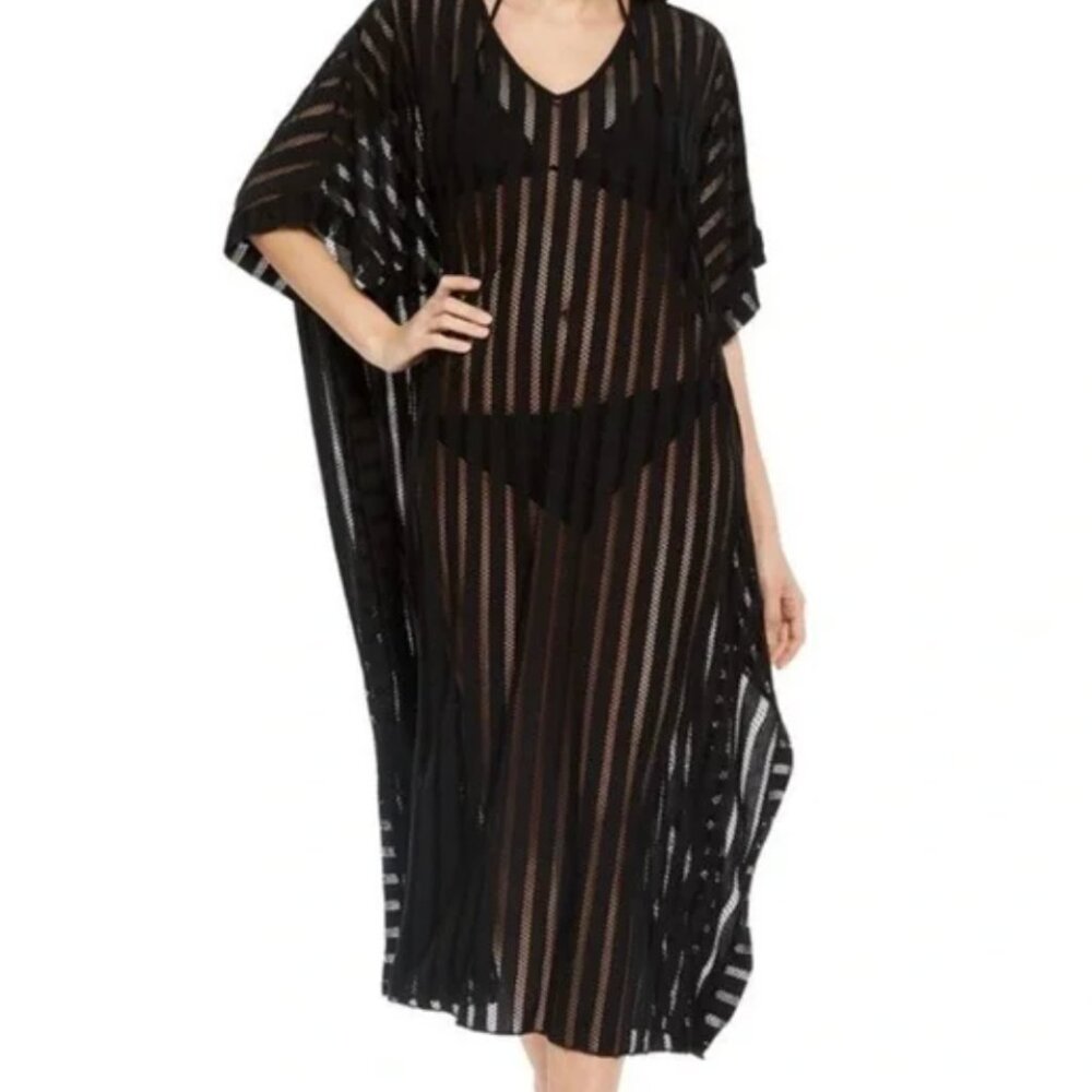 NWT Calvin Klein Women's Striped Maxi Caftan Cover-Up (black, One Size)